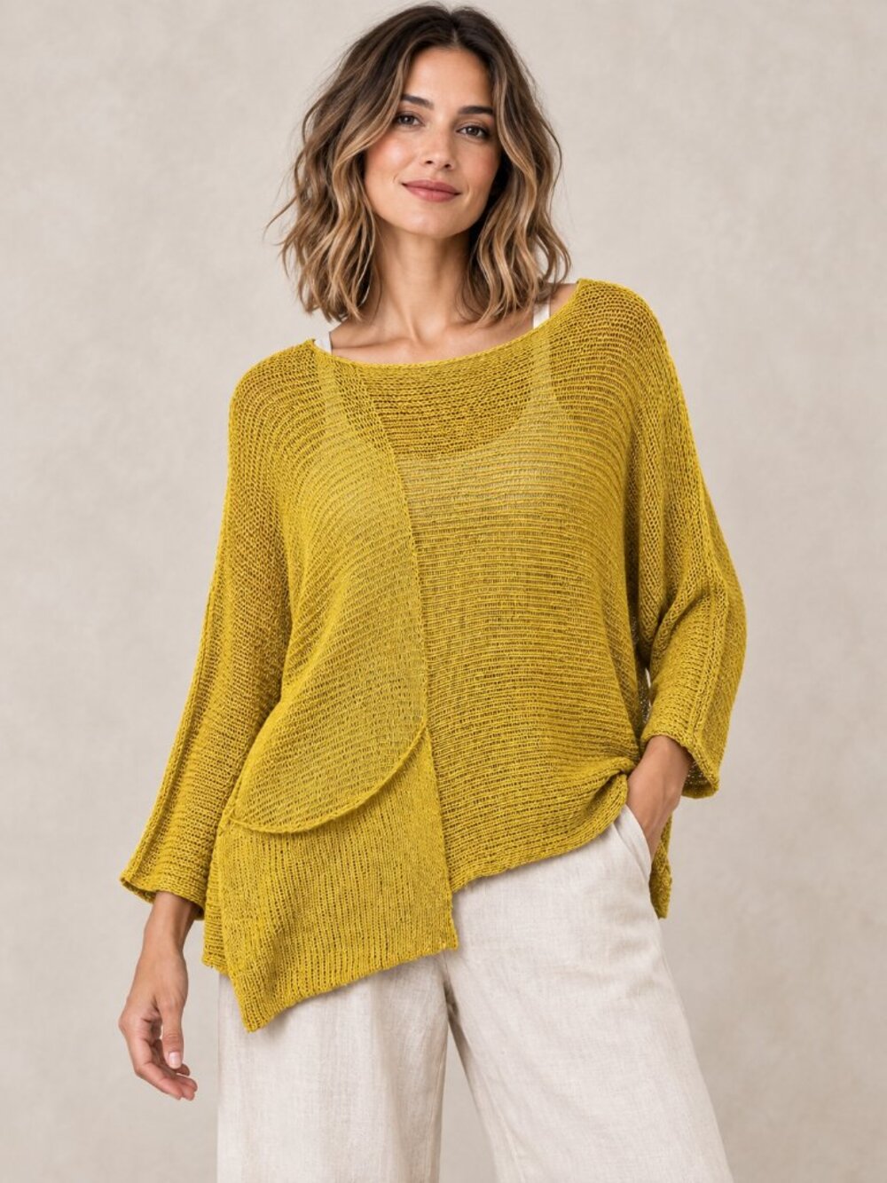 Alembika Pocket Sweater M Honey Yellow Open Knit Lagenlook Asymmetric